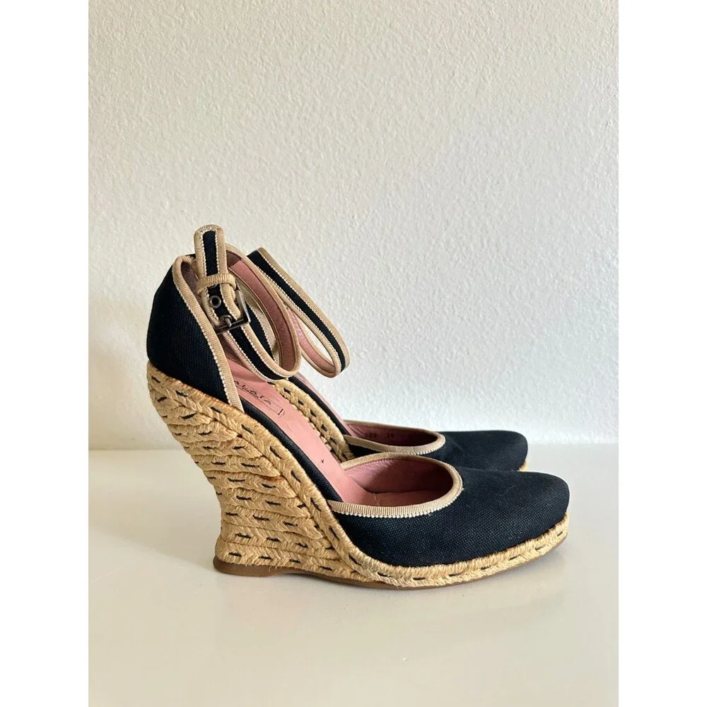 ALAIA Wedge Espadrille Sandals Canvas Almond Toe Ankle Strap Black Women's EU 38